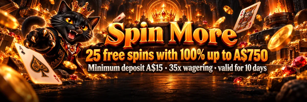 A mischievous black cat leaps across glowing playing cards and gemstones in a dark orange treasure chamber, promoting free spins with a clear CTA.