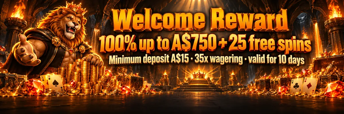 A fierce lion mascot guards a glowing crown and treasure hoard in an orange-lit cavern, with space for a welcome casino offer and CTA.